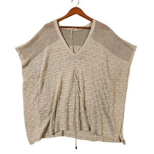 New Rachel Roy Ivory Linen Tie Waist Oversized V-Neck Knit Poncho Top Size M